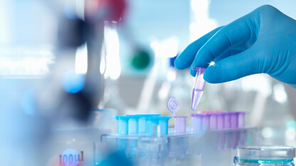  In a laboratory setting, a person wearing blue gloves is handling a small transparent vial with purple liquid. The workbench in front of the person has multiple test tubes in different colors and other scientific instruments. The background is out of focus but indicates more lab equipment and bright lighting.