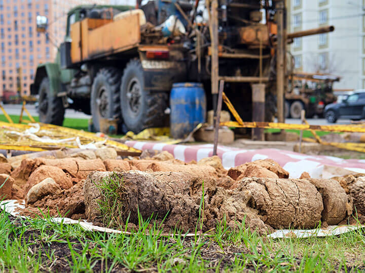 Geological surveys with soil samples for analysis for construction with Drilling rig in background