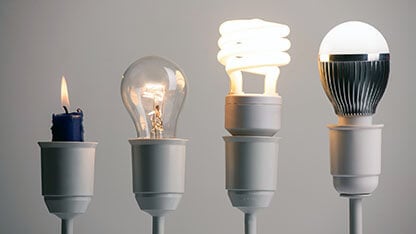 Progress of lighting with candle, tungsten, fluorescent and LED