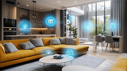 A connected home security system with IoT cameras, motion detectors, and remote monitoring